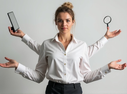 AI generated image by FLUX.1-image-to-image: A confident, intelligent woman looks directly into the camera with a warm yet slightly skeptical expression. She stands against a clean background. Multiple extra arms extend from her sides like a Swiss Army knife – each holding different tools symbolizing business strategy, tech, HR, and process design (e.g. a laptop, a gear, a notepad, a magnifying glass). Her body language is open, composed, and grounded. The visual should blend realism with a touch of metaphor, expressing competence, strategic clarity, and human warmth.