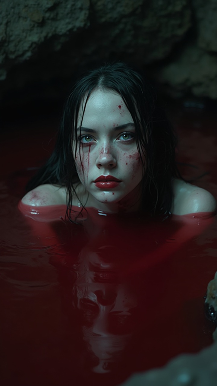 AI generated image by FLUX-Realism-Lora: Close-up shot of a vampire girl slowly rising from a dark, reflective pool of blood, her pale skin stark against the deep crimson liquid. Her eyes gleam in the dim light, giving off a subtle, ominous glow, while blood trickles down her face and neck, blending into the pool. Her expression is hauntingly serene as she emerges, her dark hair slicked back, cascading around her shoulders. The camera begins with a tight focus on her face, then slowly zooms out to reveal the ripples expanding around her in the thick, blood-red liquid. The scene is shot in high-definition with a muted, shadowy color palette and dark undertones, creating a chilling, gothic atmosphere.