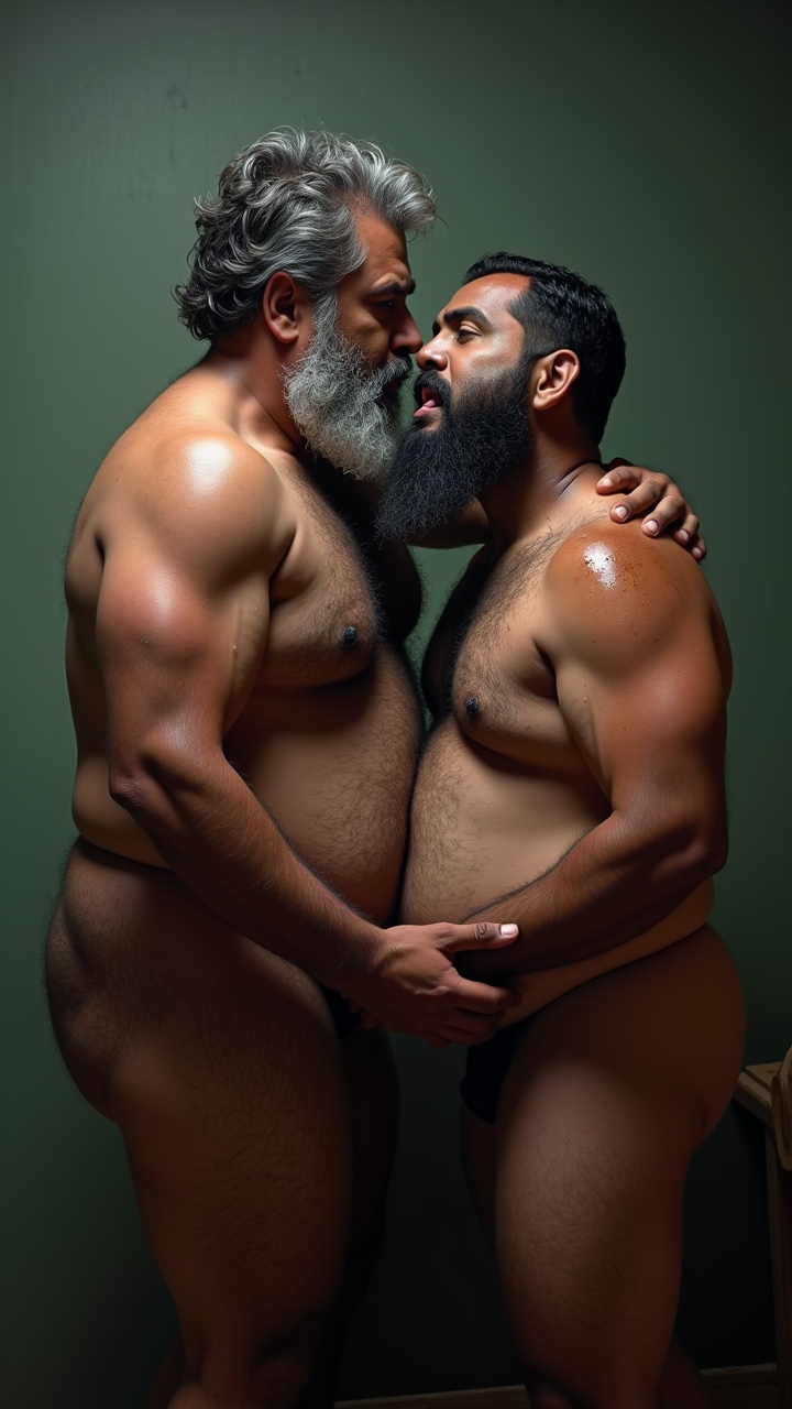 AI generated image by FLUX.1: Danny who is a big pot bellied, obese, dark skinned, hairy, grey haired, lustful, macho, matured hairy dark Tamil alpha male math teacher with thick eyebrows, full plump lips, thick beard and very big beefy and muscular chests is holding Tommy, a stocky student. Danny and Tommy are having a secret affair after class. Both Danny and Tommy are completely naked without clothes on and wet all over. Tommy is caressing Danny's masculine, hairy, big, fat, dark skinned pot round belly with a big belly button. Danny's dark skinned big hairy belly has a big round belly button that is deep. Danny also has fat beefy thighs and big feet. Danny is hugging Tommy very close with both his big strong arms and is spitting a lot of wet strands of saliva with in Tommy's wide open mouth who is sticking his tongue out for Danny. The saliva runs down all over Danny's beard, his big hairy belly, thick thighs and his thick feet. Danny has a thick, erect penis with low hanging scrotum which is drenched in saliva.