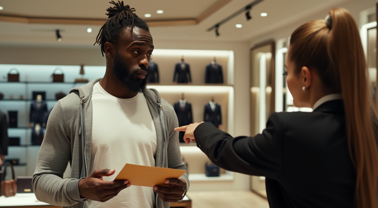 AI generated image by FLUX.1-pro: "Create an image inside a luxury store, featuring Sadio Mané, dressed in a white t-shirt and a grey sports jacket, holding an envelope in his hands with a confused expression. In front of him, there is a woman in a black suit with her hair tied up, pointing at him aggressively as if kicking him out of the store. The background should display the interior of a high-end store with sleek shelves and modern, luxurious details. There should be no text, symbols, or additional elements, just focusing on the interaction between the two characters."