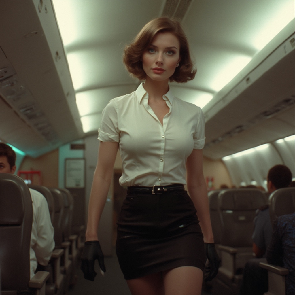 AI generated image by FLUX-Realism-Lora: Flight attendent, brunette 54 years old, blue - green eyes, big breasts popping almost out on the too tight shirt, short skirt, black nylons, and plateau high heels like a stripper