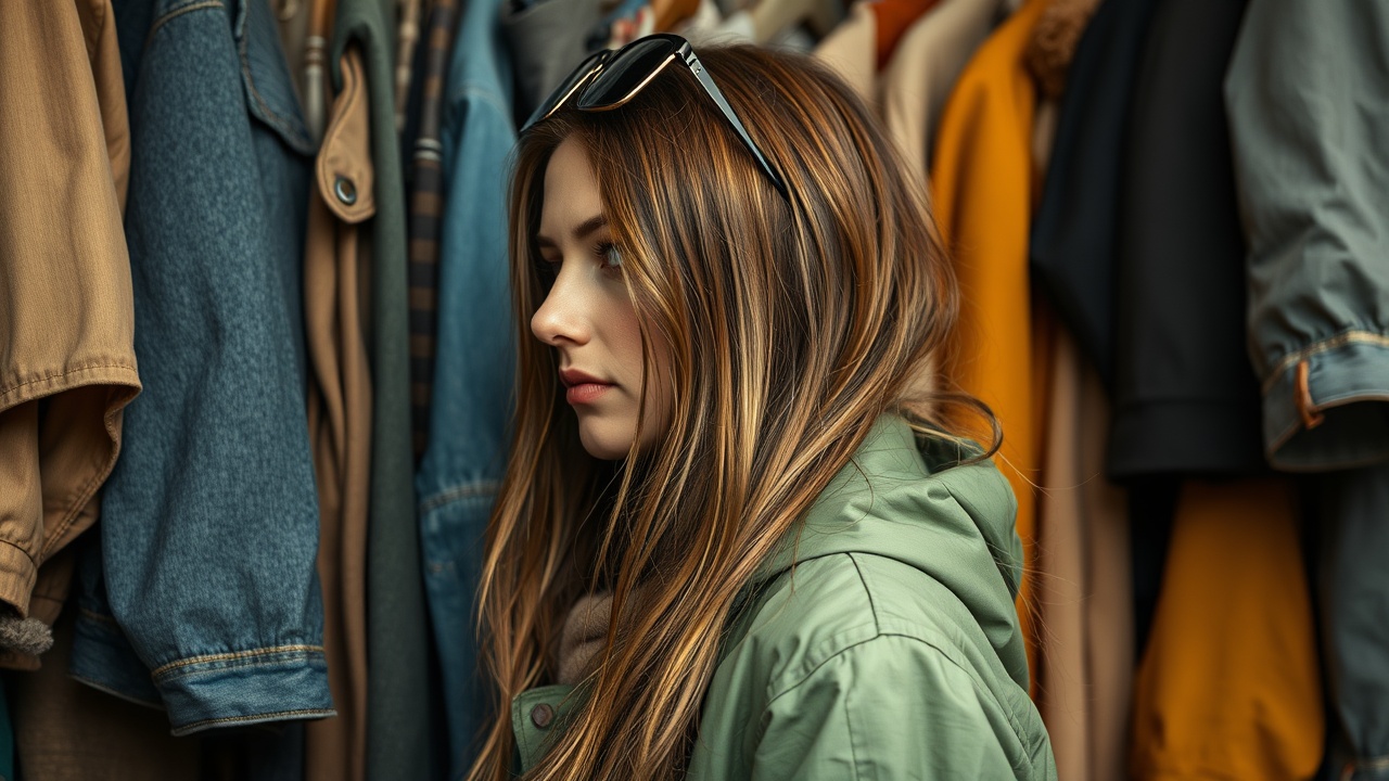 AI generated image by FLUX.1-schnell: junge Frau mit langen braunen Haaren, grüner Jacke, Sonnenbrille im Haar, stöbert in einem secondhand laden zwischen Kleidungsstücken, die auf Bügeln hängen, die Umgebung ist eng und bunt, nur wenig Licht fällt von außen rein, wir sehen die Frau im Profil, von ihrer linken Seite, Einstellungsgröße Halbtotal, mehr falten und poren in der Haut, die Frau ist etwa 35 Jahre alt