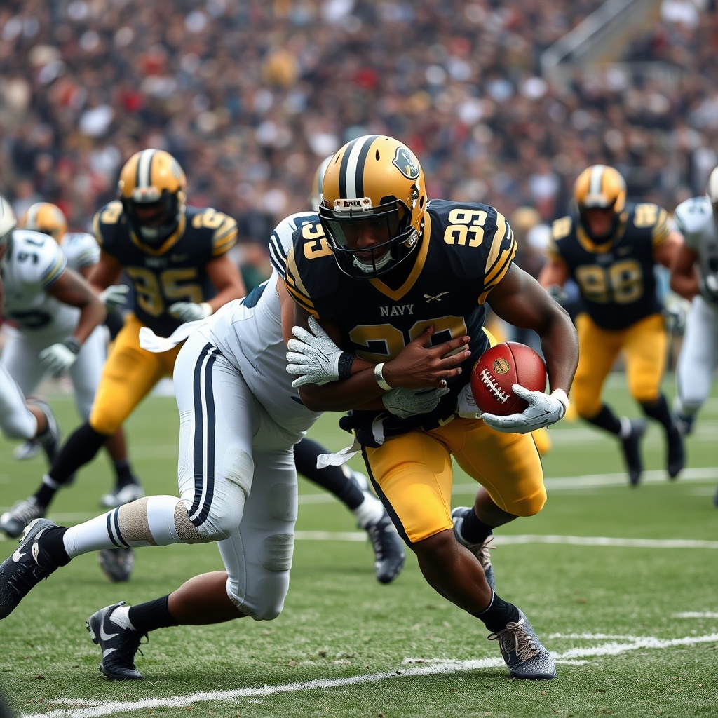 AI generated image by FLUX.1-schnell: A realistic looking photo of the army Navy football game, where an army player in their black and gold uniforms is tackling a player from Navy in their navy and white uniforms in Lincoln financial field