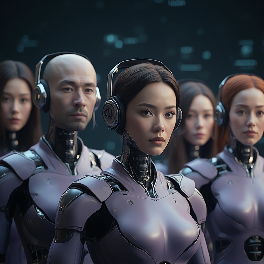 AI generated image by FLUX-Realism-Lora: A photorealistic image of a professional team of humanoid robots with human heads, designed for a futuristic and approachable “Contact Us” section of a website. Each humanoid has a unique human head, ensuring diversity with men and women of different ages and ethnicities. The faces are highly detailed, with natural skin textures, expressive eyes, and visible hair that seamlessly integrates with their robotic forms. Make sure that man is on the front line
They are standing in a group formation, positioned slightly behind each other, creating a professional and dynamic team structure. Their android bodies have a sleek, modern design, with smooth metallic plating and subtle technological elements.
The team members are dressed in elegant, lightly purple uniforms, blending futuristic fashion with professionalism. The uniforms have subtle metallic accents, high-tech seams, and an ergonomic fit, symbolizing trust, innovation, and assistance.
The background is dark and modern, with a clean, minimalistic aesthetic and soft lighting. It may include elements like a futuristic office, digital holograms, or a clean white tech-space, ensuring the team looks inviting, high-tech, and ready to assist.
The composition conveys warmth, intelligence, and professionalism, making the team feel both highly advanced and approachable. Each humanoid team member has a unique expression, looking directly at the viewer as if they are ready to help. The image should be ultra-realistic, with sharp details, lifelike facial textures, and high-tech aesthetics, ensuring a premium and futuristic corporate identity