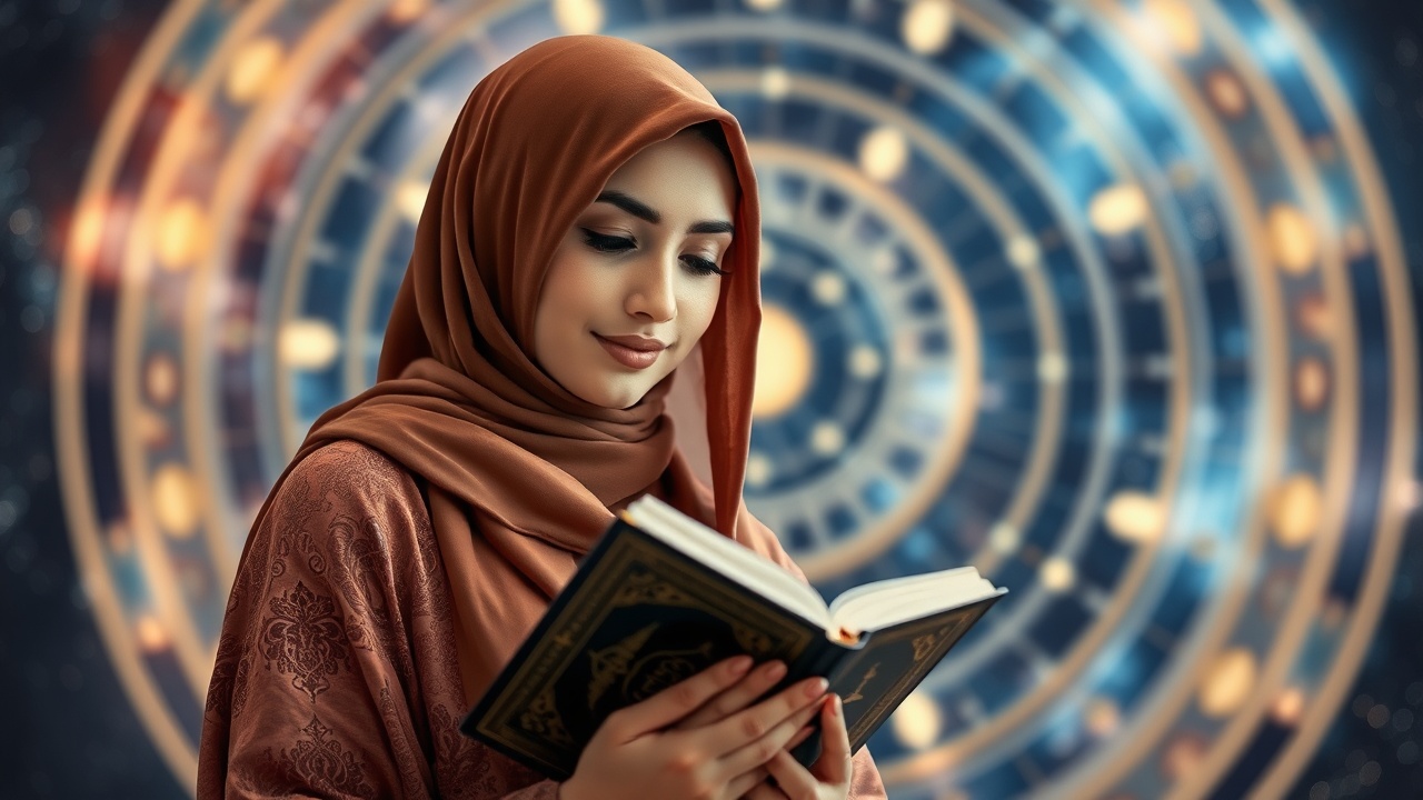 AI generated image by FLUX.1-schnell: a beautiful woman wearing a hijab holding the Koran against the background of the Islamic version of the solar system