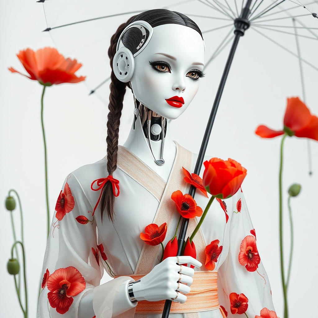 AI generated image by FLUX.1-schnell: A female, innovative, chic, and expensive android robot with a glossy white face, thick black eyelashes, and red glossy lips. Her hair is replaced by two long braids of cables and fibers, each with a poppy flower at the end. The robot is dressed in a transparent organza kimono with poppies embroidered in red thread, an exquisite lace of intertwined poppies. The robot's body is visible through the kimono; it is made of nanomaterials with reflective inserts, future innovation in every detail. This is a refined Balenciaga style with Japanese inspiration from Kenzo perfumes and Japan. The background is white and clean, a photo studio, with a few poppies growing on long, tall stems against the white background behind the robot. There's plenty of air and purity. The robot is shown in a close-up, waist-length shot. Instead of an umbrella, the female robot holds a poppy on a long stem. She holds a poppy the size of an umbrella. The robot's pose is reminiscent of an expensive fashion model from the world's catwalks, with a composition and poses reminiscent of a fashion magazine. The robot is very expensive, the most expensive in the world. The details of the body and arms are highly detailed. The detailing is exceptionally high. The colors are cool, with white representing the archetype of innocence and red representing the archetype of the lover.