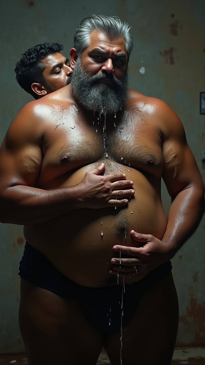 AI generated image by FLUX.1: Danny who is a big pot bellied, obese, dark skinned, hairy, grey haired, lustful, macho, matured hairy dark Tamil alpha male math teacher with thick eyebrows, full plump lips, thick beard and very big beefy and muscular chests is holding Tommy, a stocky student. Danny and Tommy are having a secret affair after class. Both Danny and Tommy are completely naked without clothes on and wet all over. Tommy is caressing Danny's masculine, hairy, big, fat, dark skinned pot round belly with a big belly button. Danny's dark skinned big hairy belly has a big round belly button that is deep. Danny also has fat beefy thighs and big feet. Danny is hugging Tommy very close with both his big strong arms and is spitting a lot of wet strands of saliva with in Tommy's wide open mouth who is sticking his tongue out for Danny. The saliva runs down all over Danny's beard, his big hairy belly, thick thighs and his thick feet. Danny has a thick, erect penis with low hanging scrotum which is drenched in saliva.