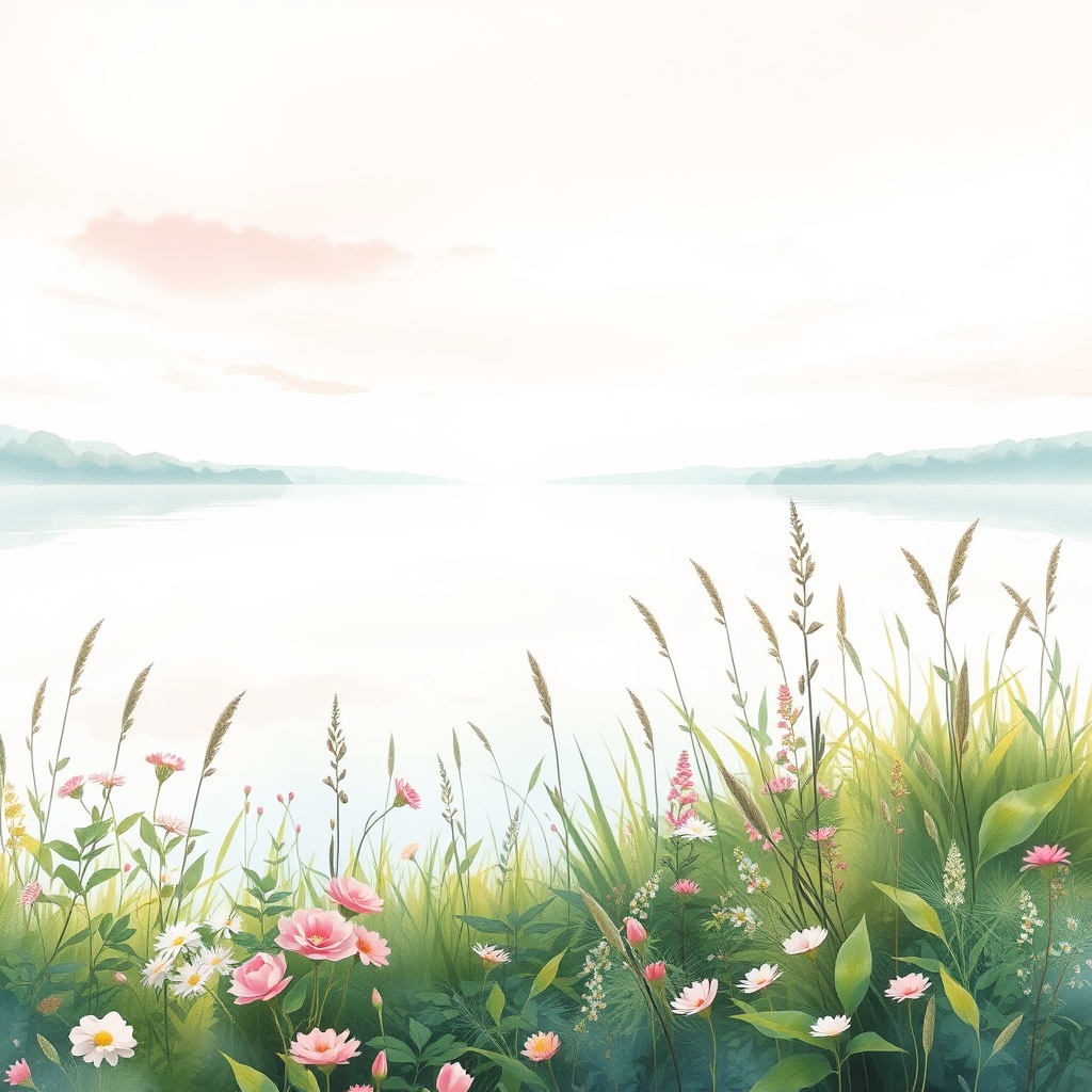 AI generated image by FLUX.1-schnell: "A serene lakeside landscape in soft, delicate watercolor hues – pink, white, light blue, light green, soft yellow – with gentle, feathery brushstrokes reminiscent of Turner’s dreamy light. The tranquil atmosphere is evoked through the subtle, gradient colors of the sky, which shine resplendently in rings of soft pink, baby blue, and mint green, perfectly reflected off the glassy surface of the lake. The surrounding vegetation is hyper-detailed, with intricately rendered flowering plants, lush greenery, and delicate, swaying reeds – all with a tendency toward a sense of effortless natural beauty, as seen in the works of top Artstation landscape artists such as Simon Stalenhag and Loish. "