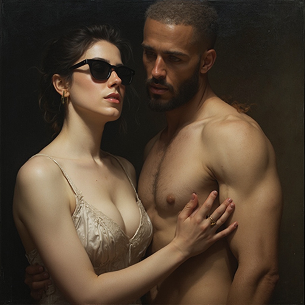 AI generated image by FLUX-Realism-Lora: Pinta una mujer blanca con el pelo castaño, regordeta, con una talla de pecho 100 d, en bragas y sujetador negros, arrodillada delante de un hombre al que acaricia los testículos. El hombre tiene las manos atadas a la espalda y eyacula