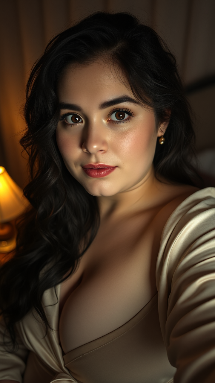 AI generated image by FLUX.1-schnell: photorealistic intimate selfie: Clara Everett, 42, chubby and overweight, beautiful woman with long dark wavy tousled hair, captivating dark brown eyes, and pale skin. She's wearing a soft silk robe, slightly off one shoulder revealing a hint of bare skin. Her expression is thoughtful and subtly alluring, with slightly flushed cheeks, looking directly into the camera. The setting is a dimly lit bedroom, illuminated by the warm glow of a bedside lamplight, creating soft shadows and highlights. The mood is sensual yet vulnerable, conveying quiet intimacy at midnight. Hyperrealistic style, intricate details, natural skin texture, sharp focus on her face, soft bokeh background.
