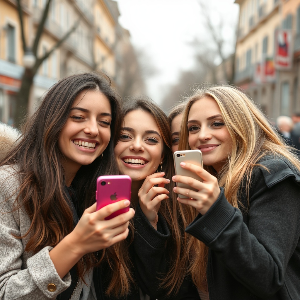 AI generated image by FLUX.1-schnell: mehrere junge frauen mit handys die lachen, das biuld ist zweigeteilt, links sehr hübsche und mit ki geschönte biulder, rechte seite hässliche fotos
