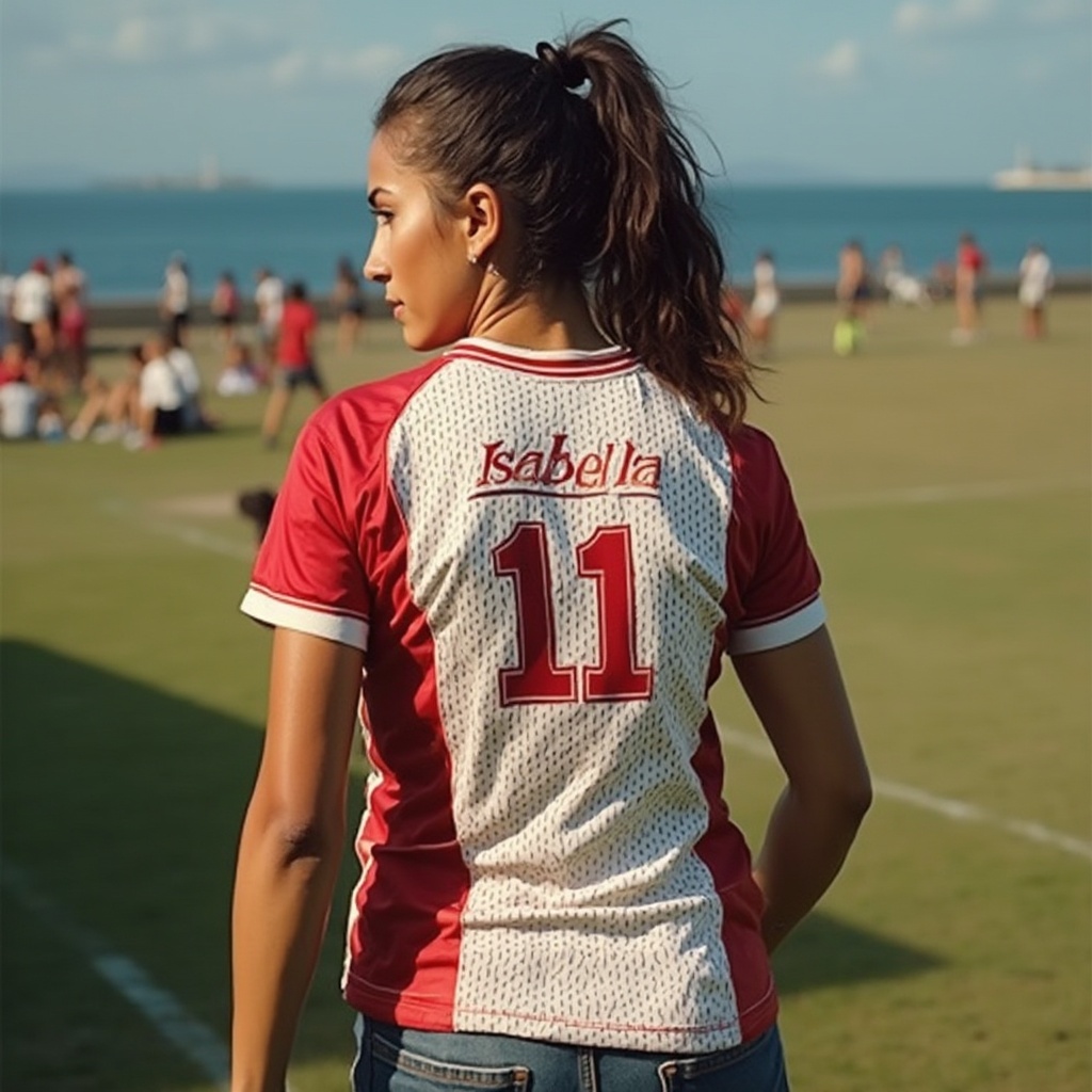 AI generated image by FLUX-Realism-Lora: jogo de vôlei feminino. Que que na camisa da moça esteja escrito "Isabella" número da camisa "11". Jogadoras bem fisicamente e com corpos malhados.