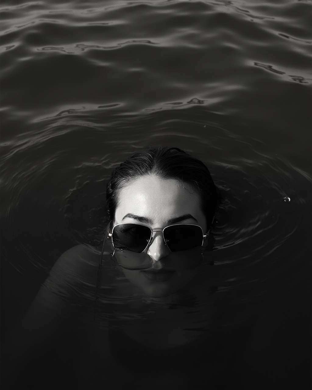 AI generated image by FLUX-Realism-Lora: A black and white photo of a woman's head just above dark water, sunglasses partially submerged. The camera is low, parallel to the water