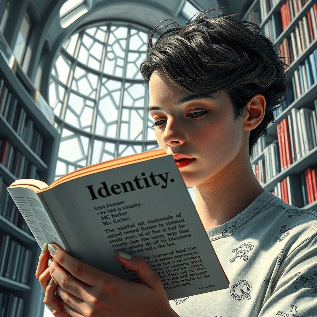AI generated image by FLUX.1-schnell: closeup of a gender neutral person reading the definition of "identity" in a dictionary by MC Escher, in a futuristic library by Frank Gehry, realistic, concept drawing, rich details, abstract windows, sharp focus, art, cgi. The word "Identity" must be prominent in the image.