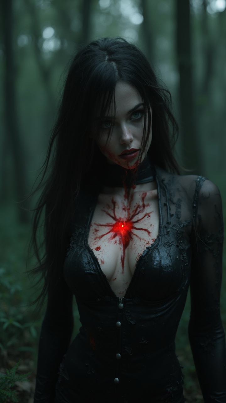 AI generated image by FLUX-Realism-Lora: She the most beautiful vampire girl and she is shot to dead by many enemies. Lot of details, high quality, 15k, View from far away on the vampire girl dying, Real wounds. Ultra realistic photo, Middle European girl, Perfect face, lips, mouth and whole sexy body. She is knelling wounded in the dark forest. Black tight latex suit unzipped, 21 years old, Cute face in shock of being wounded, Heart shot, hourglass body, Most beautiful female, great and perfect sexy body, Perfect face, big full lips, long legs, dark hair, nice blue eyes. She is shot in her chest by the sniper right in her heart, kill shot. Bloody wounds on her chest. Blood everywhere. Bloody bleeding wounds. Dark bloody bullet holes on her chest. She is shot 5 times in her chest. Many bloody bullet wounds on her chest. Big boobs