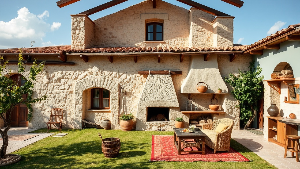 AI generated image by FLUX.1-schnell: Planta baja de una casa de labranza que trasluce limpio bienestar. Sólida arquitectura de piedra encalada y maderas nobles. Al fondo
amplio portón y ventana sobre el campo. A la derecha arranque de escalera que conduce a las habitaciones altas, y en primer término del mismo lado salida al corral. A la izquierda,
entrada a la cocina, y en primer término la gran chimenea de leña ornada en lejas y vasares con lozas campesinas y el rebrillo rojo y ocre de los cobres. Apoyada en la pared del fondo una guadaña. Rústicos muebles de nogal y un viejo reloj de pared. Sobre el suelo, gruesas esteras de soga. Es de noche. Luz de quinqué.