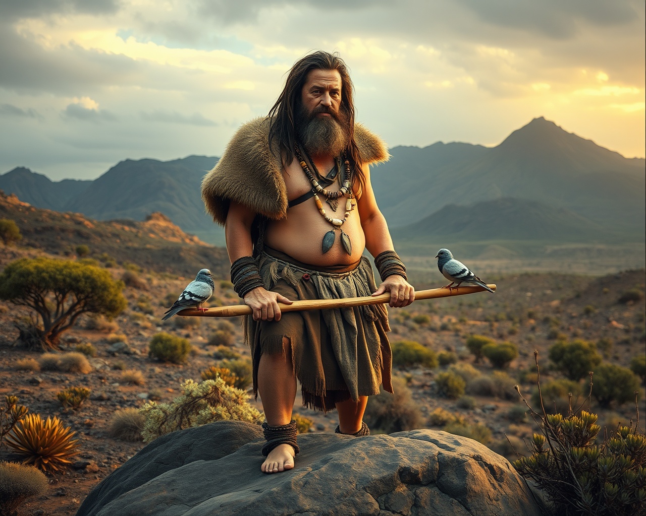 AI generated image by FLUX.1-schnell: A prehistoric man with long hair and a thick beard, standing on a large rock in a rugged, semi-arid landscape. He is wearing a simple outfit made of animal skins, with a woolly fur cape draped over his shoulders, covering his back and part of his body. Around his neck, he has a necklace made of small beads, bones, and shells. He also wears leather bracelets on both arms. The man holds a wooden pole horizontally in front of him, with two doves perched at each end. The scene is set during dawn, with warm, soft light coming from the right side, casting dramatic shadows across his figure and the landscape. The background features the wild mountains of Tenerife, sparse trees, and native flora, under a cloudy sky. The image is painted in a highly detailed, ultra-realistic oil painting style, emphasizing the sharp contrasts of light and shadow and the textures of the surroundings, creating a balanced and harmonious composition