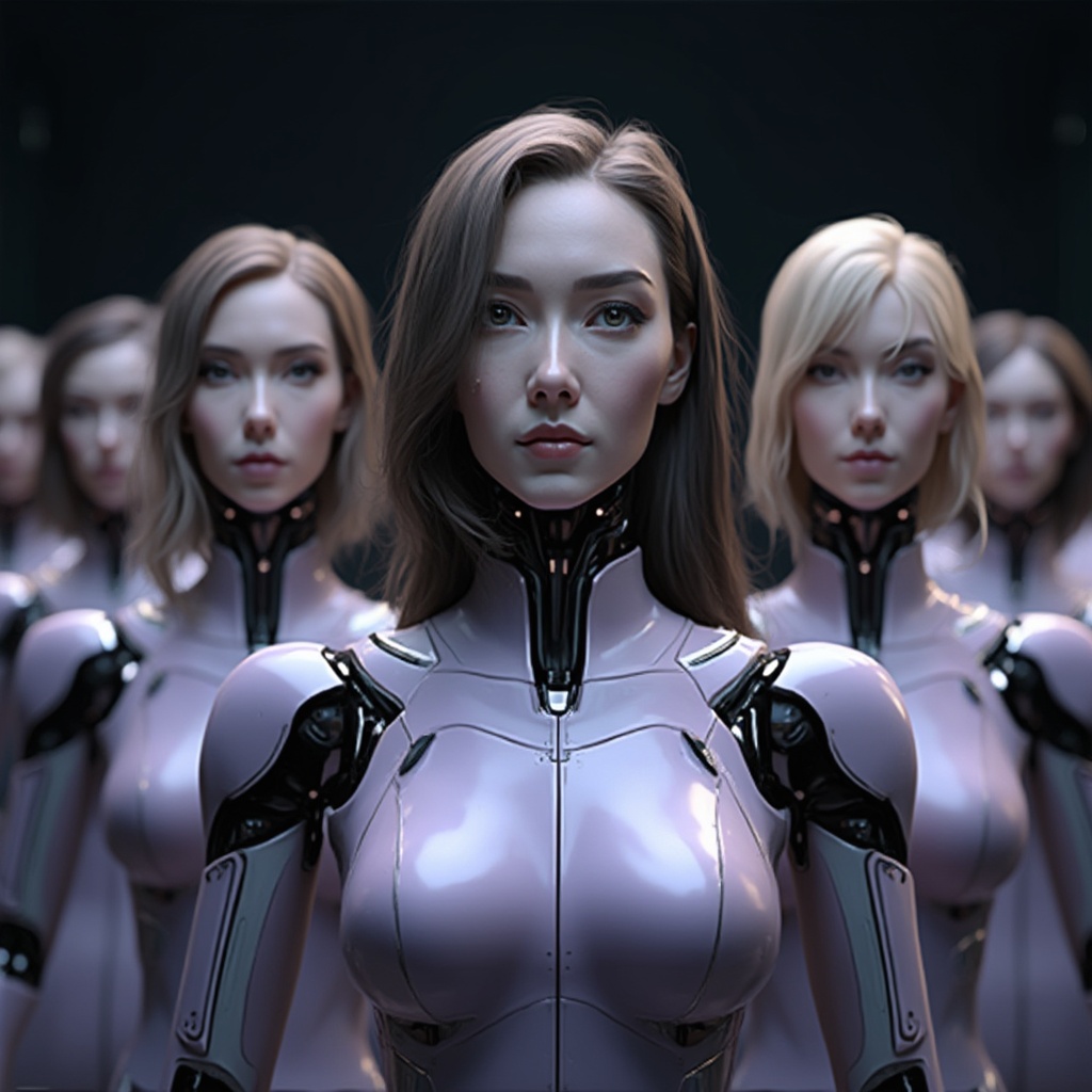 AI generated image by FLUX-Realism-Lora: A photorealistic image of a professional team of humanoid robots with human heads, designed for a futuristic and approachable “Contact Us” section of a website. Each humanoid has a unique human head, ensuring diversity with men and women of different ages and ethnicities. The faces are highly detailed, with natural skin textures, expressive eyes, and visible hair that seamlessly integrates with their robotic forms. Make sure that man is on the front line
They are standing in a group formation, positioned slightly behind each other, creating a professional and dynamic team structure. Their android bodies have a sleek, modern design, with smooth metallic plating and subtle technological elements.
The team members are dressed in elegant, lightly purple uniforms, blending futuristic fashion with professionalism. The uniforms have subtle metallic accents, high-tech seams, and an ergonomic fit, symbolizing trust, innovation, and assistance.
The background is dark and modern, with a clean, minimalistic aesthetic and soft lighting. It may include elements like a futuristic office, digital holograms, or a clean white tech-space, ensuring the team looks inviting, high-tech, and ready to assist.
The composition conveys warmth, intelligence, and professionalism, making the team feel both highly advanced and approachable. Each humanoid team member has a unique expression, looking directly at the viewer as if they are ready to help. The image should be ultra-realistic, with sharp details, lifelike facial textures, and high-tech aesthetics, ensuring a premium and futuristic corporate identity
