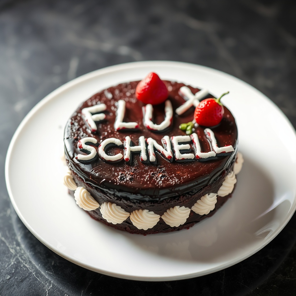 AI generated image by FLUX.1-schnell: black forest gateau cake spelling out the words "FLUX SCHNELL", tasty, food photography, dynamic shot