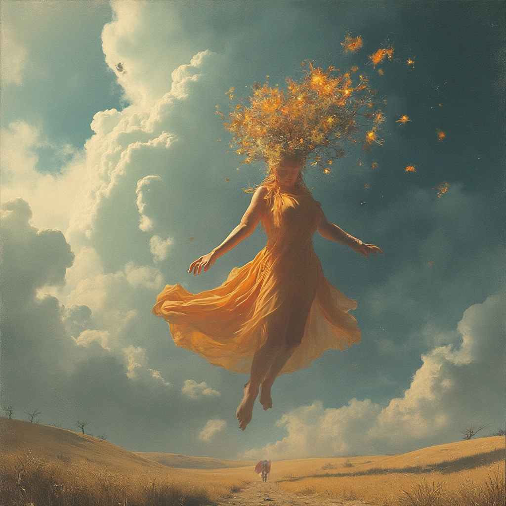 AI generated image by FLUX-Realism-Lora: Combina fotografie con elementi grafici e surrealisti, come corpi che fluttuano nello spazio, oggetti di uso quotidiano in contesti inaspettati o paesaggi onirici.