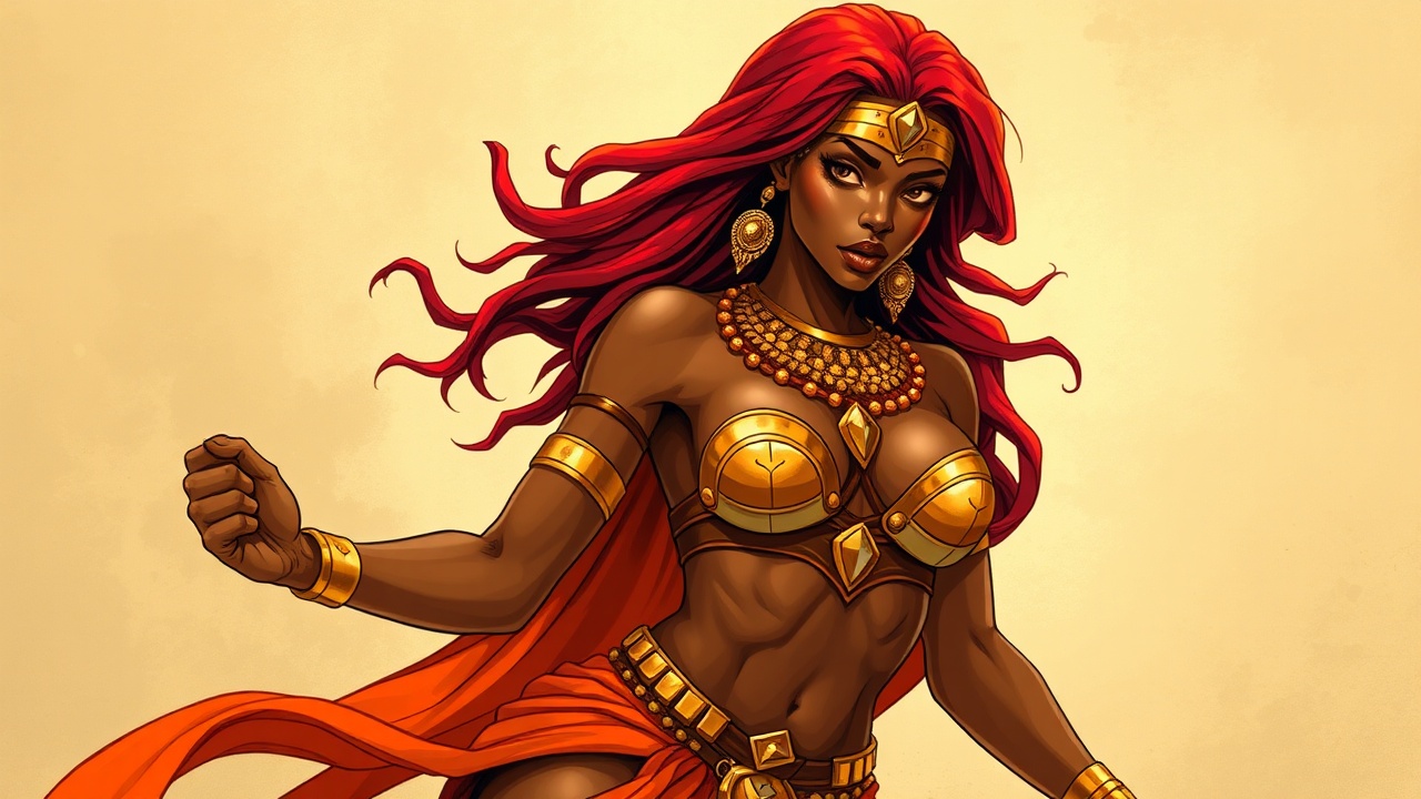 AI generated image by FLUX.1-schnell: illustration of a beautiful busty african goddess, adorned in golden jewelry, with long red hair, in a dynamic action pose