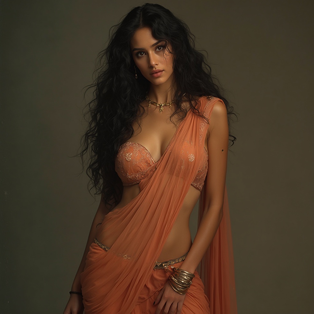 AI generated image by FLUX-Realism-Lora: beautiful indian girl, dressed in a sari, untying her blouse, sexy, navel, long black hair, curly, tall, heels, boob