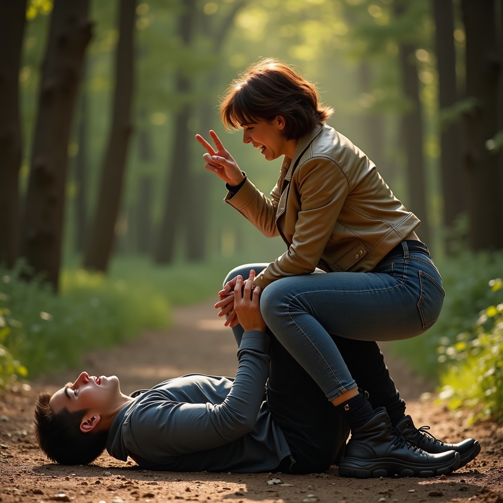 AI generated image by FLUX.1: Forest path. sunny. A thirty -year -old European brown -haired woman with a medium haircut, very large, strong, muscular, with thick thighs in tight jeans, a short light leather jacket, black boots, showing her hand gesture of victory, on his knees from the back side clamped between her wide thigh and thick caviar, the head of a flimsy screaming thin young man in the long training pants and sneakers lying upward between her legs and resisting. Top view.