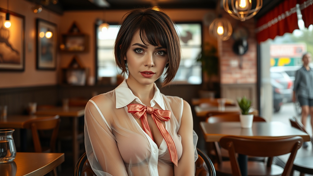 AI generated image by FLUX.1-schnell: A Realistic photo of a young, nerdy erotic Spanish woman 26y.o sitting in a café, wearing half naked shirt and a bow, sexy mouth, surrounded by a cozy atmosphere, looking at the viewer.
short hair, slender, red lips, transparent fabric, flirting with the camera