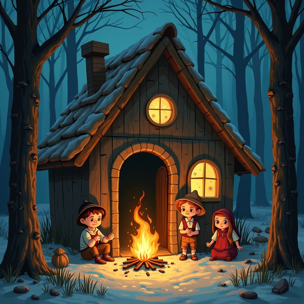 AI generated image by FLUX.1: Crea una ilustración de un pequeño hogar de madera en el borde de un bosque, mostrando a un leñador con rostro preocupado, dos niños (Hansel y Gretel) tristes junto al fuego, y una mujer con expresión severa (la madrastra). El ambiente debe transmitir pobreza y hambre, con tonos fríos y un entorno humilde.