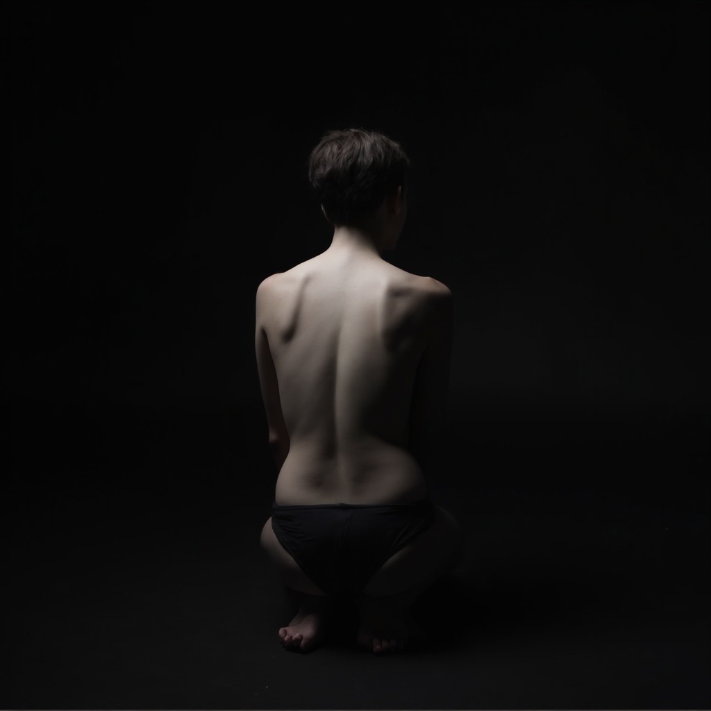 AI generated image by FLUX-Realism-Lora: The image shows a fine art photograph with dramatic low-key lighting. It features a young woman with their back to the camera, sitting or kneeling against a dark background. The lighting emphasizes the contours and lines of their back and shoulders, creating a sculptural effect. The person is partially clothed in dark underwear, and their face is not visible as they are photographed from behind. The composition has a minimalist aesthetic with strong contrast between light and shadow, highlighting the human form in an artistic manner