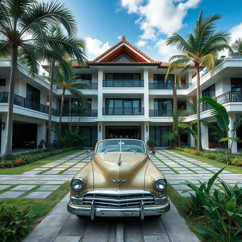 AI generated image by FLUX.1-schnell: Exterior eye-level Hyperrealistic photograph image of a tropical modern residential building with courtyards and with formal landscape and with old vintage car in the front. tropical landscape