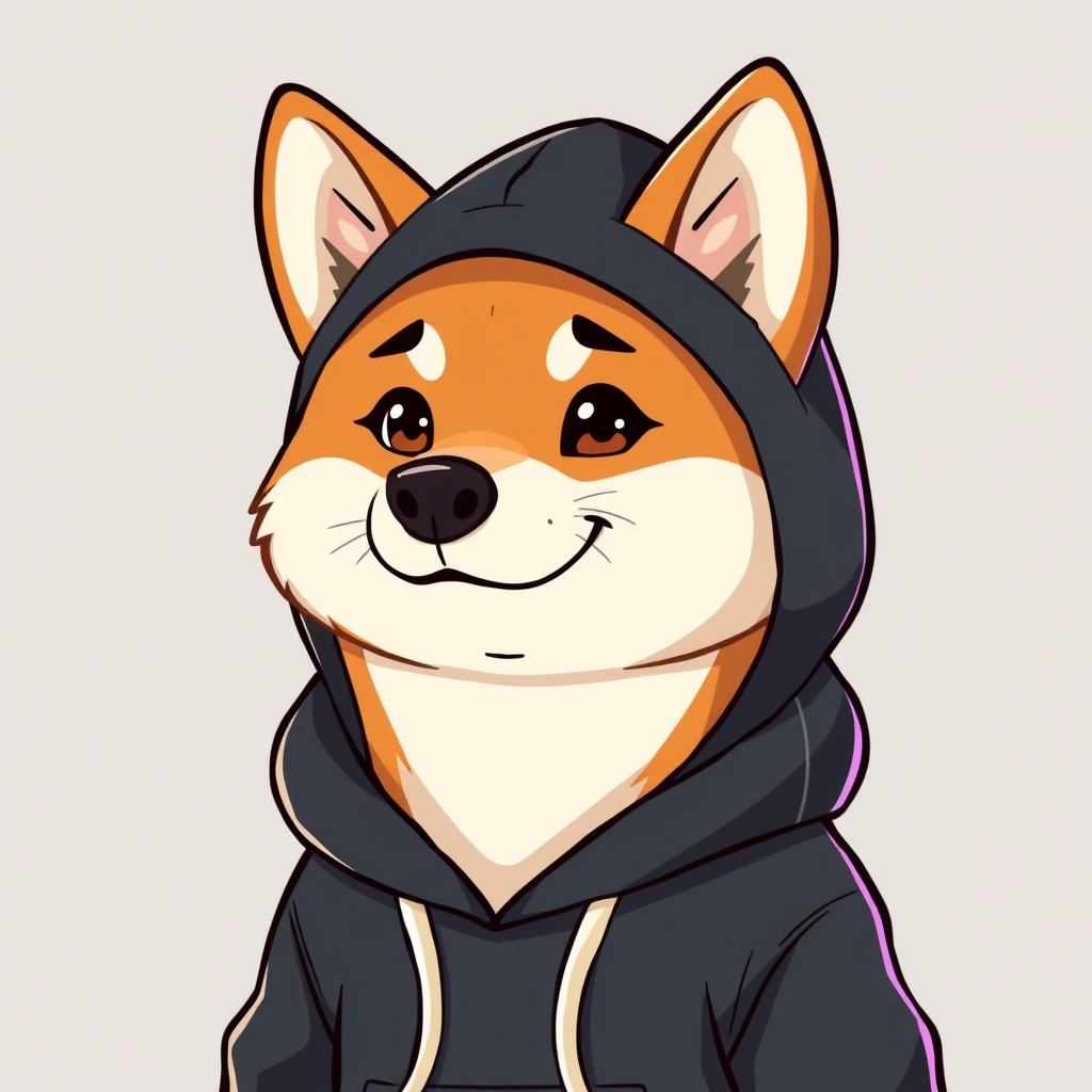 AI generated image by FLUX.1-schnell: Generate an image of a cartoon style Shiba Inu wearing a black hoodie
