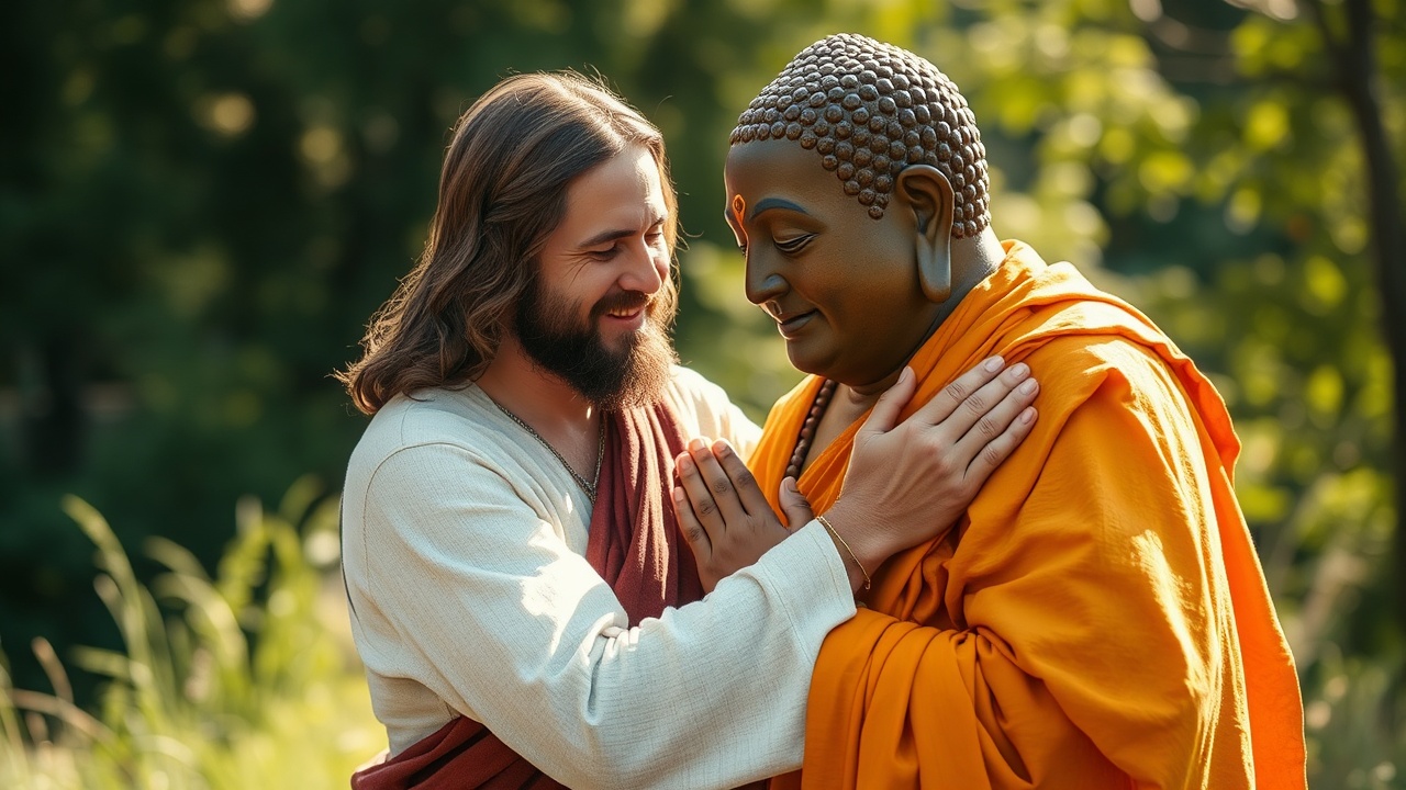 AI generated image by FLUX.1-schnell: Jesus and a buddha monk hugging, photo realistic, bright outdoors in a natural setting