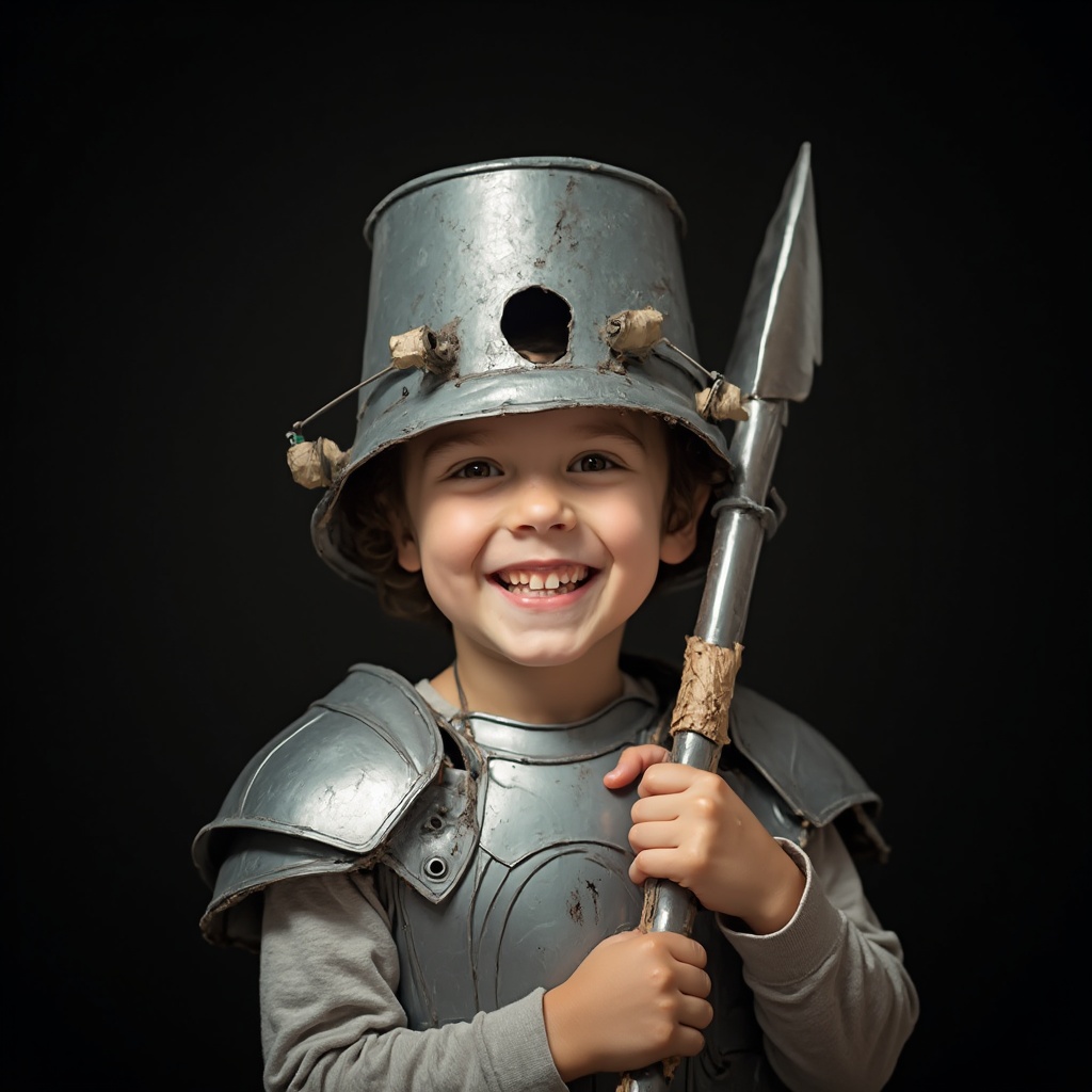 AI generated image by FLUX-Realism-Lora: A 5-year old kid with the bucket over his head. The bucket is new as if it was just bought in a DIY store, and it has a hole for a kid's face. New shiny paint rollers are mounted with the tape to the bucket as a decoration. A water pipe cut in half is put over each kid's shoulder to emulate the armor. A fluffy mop in a kid's hands resembles a spear. The overall outfit looks cute and funny. The kid is glowing with happiness. The background behind the kid is solid dark, almost black.