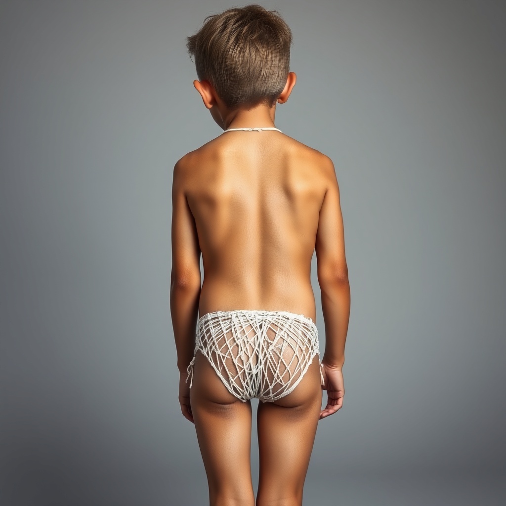 AI generated image by FLUX.1-schnell: A 12-year-old boy wearing a tight, see-through bikini made of string has his back to the camera and is leaning forward.