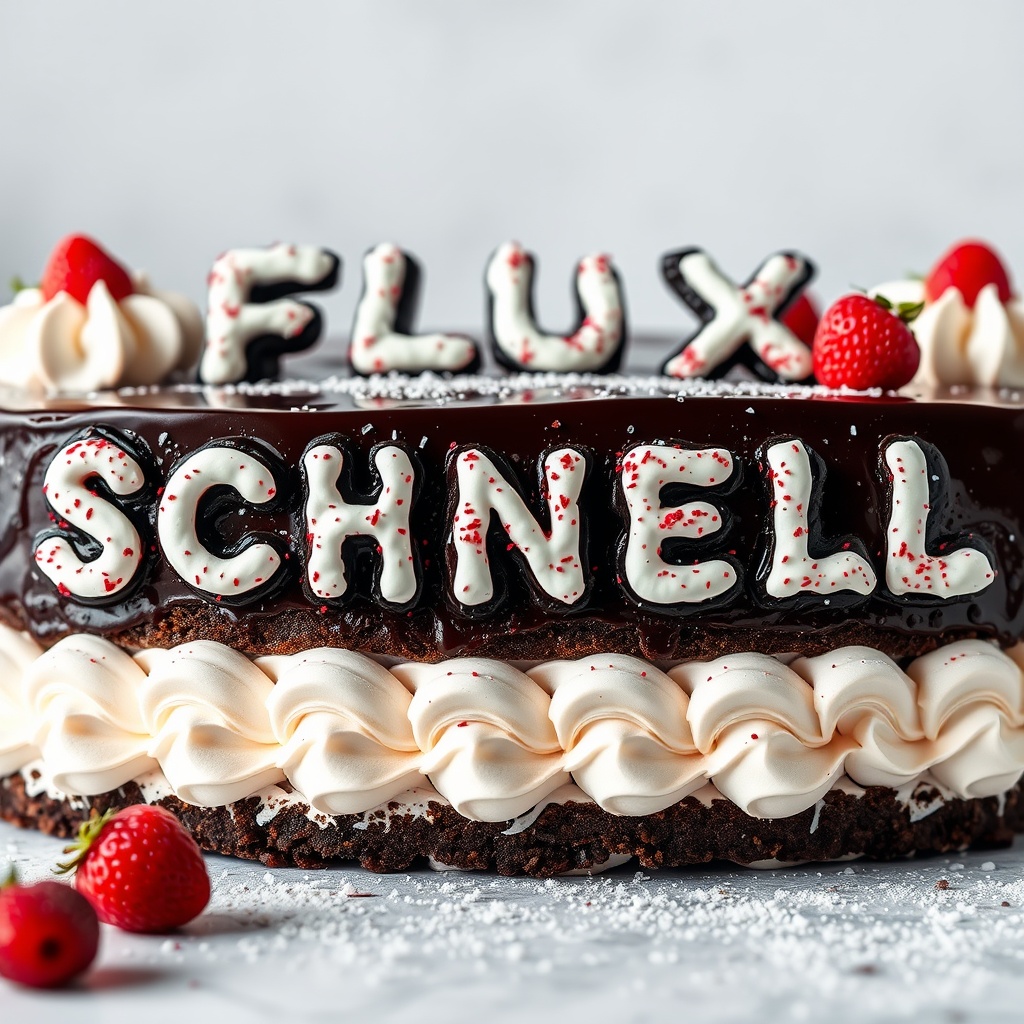 AI generated image by FLUX.1-schnell: black forest gateau cake spelling out the words "FLUX SCHNELL", tasty, food photography, dynamic shot