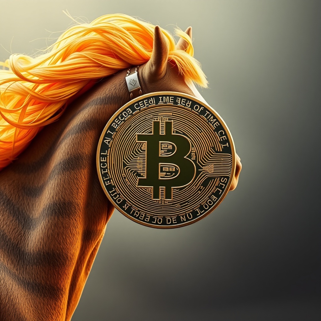 AI generated image by FLUX.1-schnell: Un Bitcoin arriba de un camello corriendo.