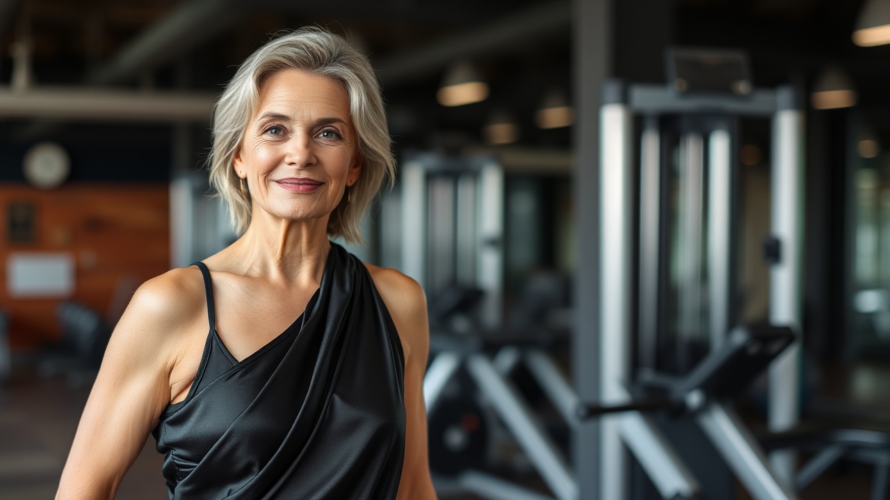 AI generated image by FLUX.1-schnell: A 40 year old mature woman wearing black silk at the gym