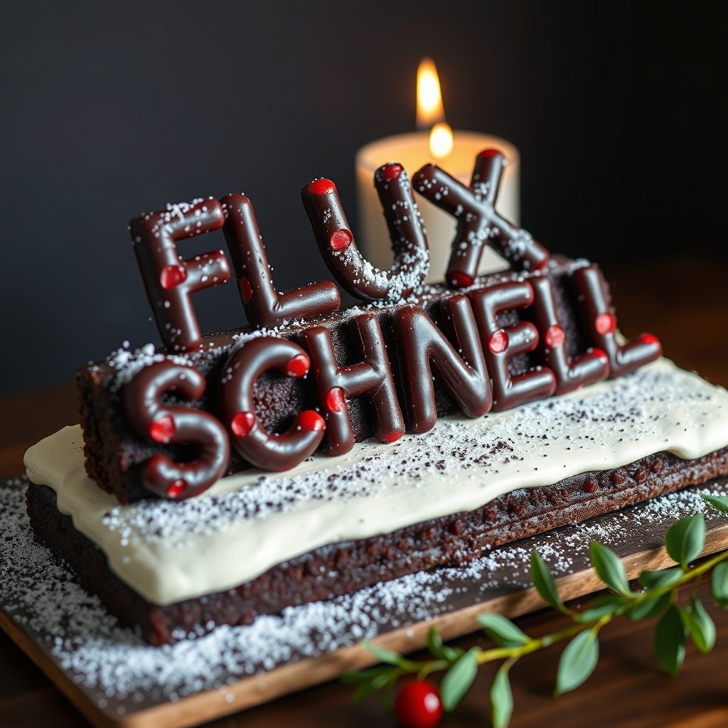 AI generated image by FLUX.1-schnell: black forest gateau cake spelling out the words "FLUX SCHNELL", tasty, food photography, dynamic shot