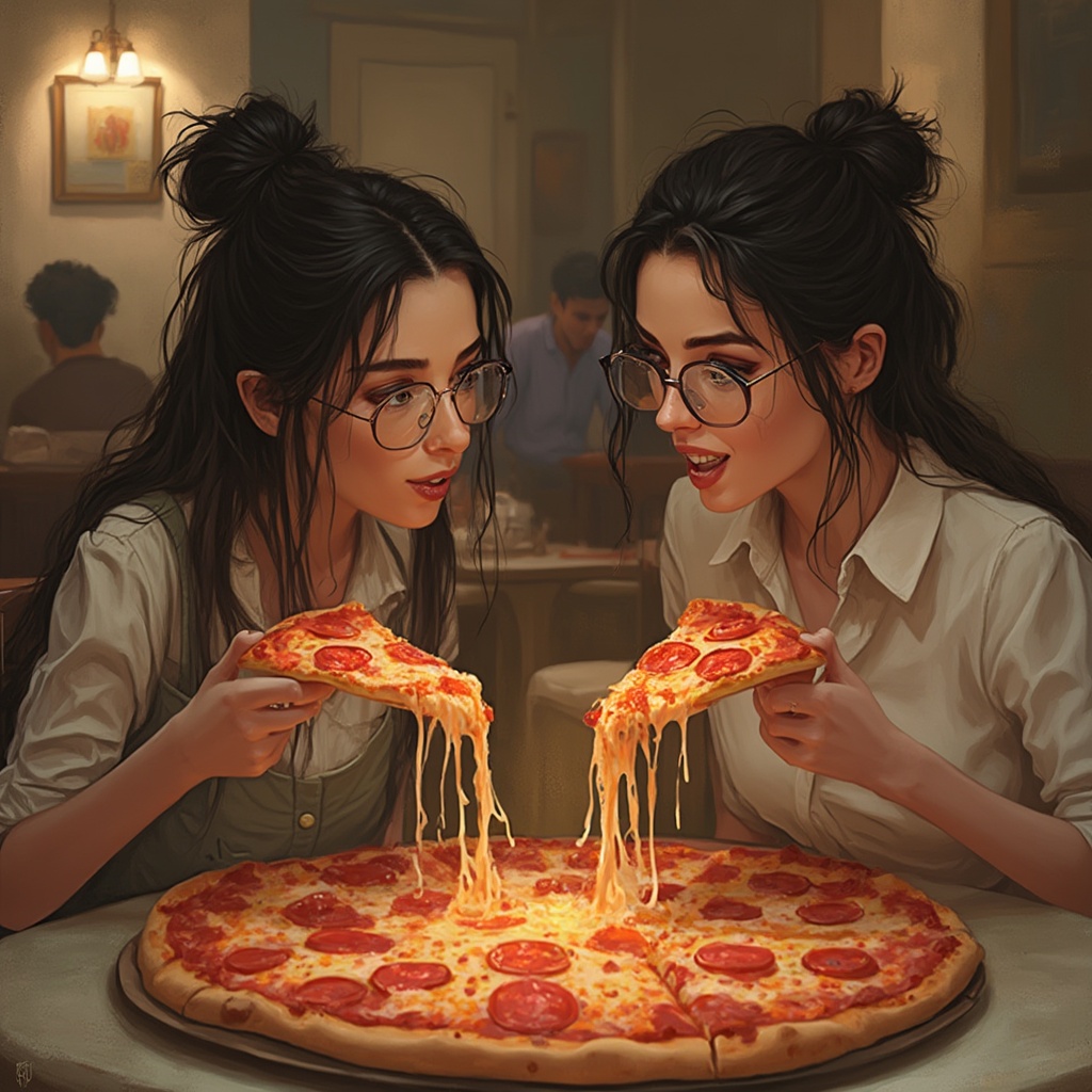 AI generated image by FLUX-Realism-Lora: A young woman with long dark hair tied up in a messy bun is eating pizza at a neighborhood old italian restaurant. She is sitting at the table together with her friend, a young blong woman with short hair, blue eyes and wearing glasses in a round shape. Each of them are taking one slice of peperoni pizza and the cheese is melting forming a long line of cheese in the air. The place around is looking like a pizza restaurant in Napoli. Both girls are looking at each other and smiling while trying to eat their pizza.