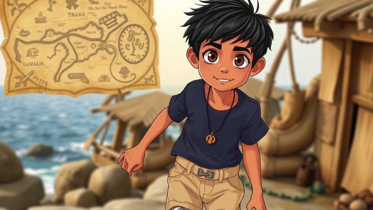 AI generated image by FLUX.1-schnell: A 14-year-old Arab boy with medium-tan skin, short messy black hair, and bright brown eyes full of curiosity and intelligence. He wears a simple navy-blue t-shirt, sandy-colored shorts, and old, worn sneakers that show he's always on the move. Around his neck hangs a small wooden pendant—an heirloom from his grandfather. His appearance reflects energy, courage, and a hint of mischief. His facial expression blends excitement and determination.
The character is set in a coastal village, with a backdrop of the sea or an ancient treasure map for added atmosphere.