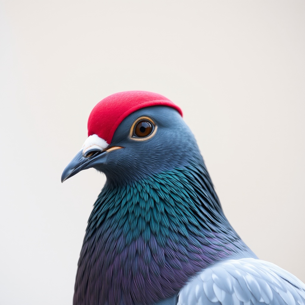 AI generated image by FLUX.1-schnell: A postal pigeon with a red cap on the head