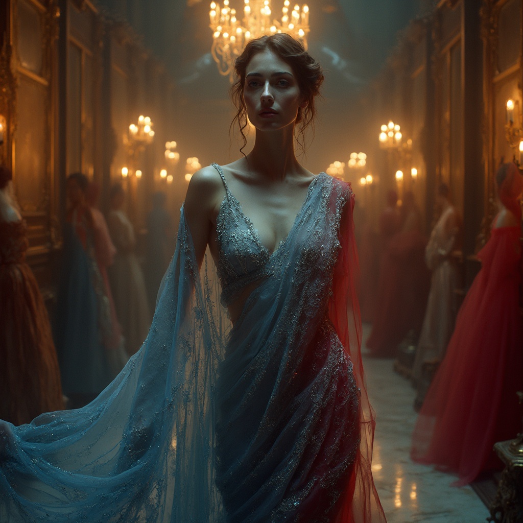 AI generated image by FLUX-Realism-Lora: A captivating figure stands poised in a candle-lit, opulent room, draped in shimmering, translucent fabric woven with silver hints, flowing around their body in a teasing veil. Cool icy blue hues caress one side, while deep crimson tones glow on the opposite, symbolizing passion and calm in harmony. Seven towering mirrors, angled for multiple perspectives, multiply their allure, drawing viewers into an endless loop of reflections. A subtle, knowing smile hints at secrets untold and passions unrestrained, as warm, golden candlelight casts a hypnotic quality, intensifying their magnetic presence. Shot on 35mm film, with cinematic lighting, film grain, and a vignette, this image is a masterpiece of dramatic, atmospheric storytelling, reminiscent of the moody, high-contrast style of Roger Deakins, the sensual, atmospheric lighting of Gregory Crewdson, and the captivating, narrative-driven compositions of Annie Leibovitz.