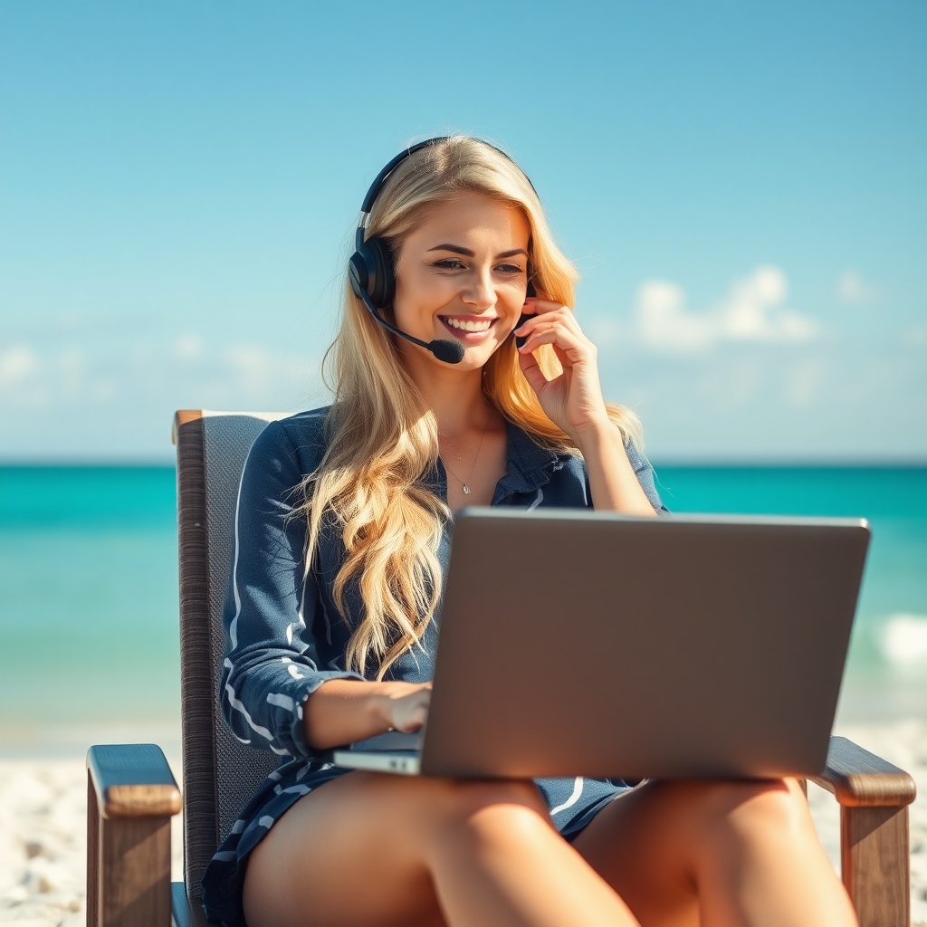 AI generated image by FLUX.1-schnell: blonde call center agent with a headset and laptop taking a call while on a lounge chair at the beach