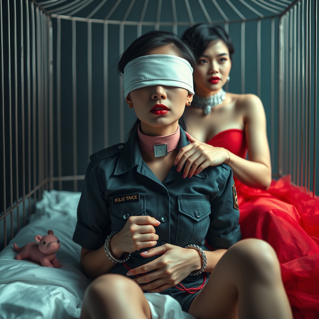 AI generated image by FLUX.1-schnell: Front view,full body view, a beautiful Chinese adult woman with porcelain skin,slim body, tired facial feature,sexy lips and black hair wearing a policewoman uniform and pink soft rhinestone leather dog collar snugly, her eyes are blindfolded with white leather blindfold, her hands are handcuffed together,her legs are handcuffed together,sitting on an oversized bed inside a big bird cage, another beautiful Chinese adult woman is wearing bright red evening gown, choker collar, bracelet, she is holding leash from first woma's collar and looking at first woman with seductive look, fixing first woman's collar tighter,dramatic dim lighting, ultra-realistic textures, soft fairy tale atmosphere, pink toys are surrounding beside her, dreamy focus on her face, sci-fi style, whimsical color grading, cinematic lighting