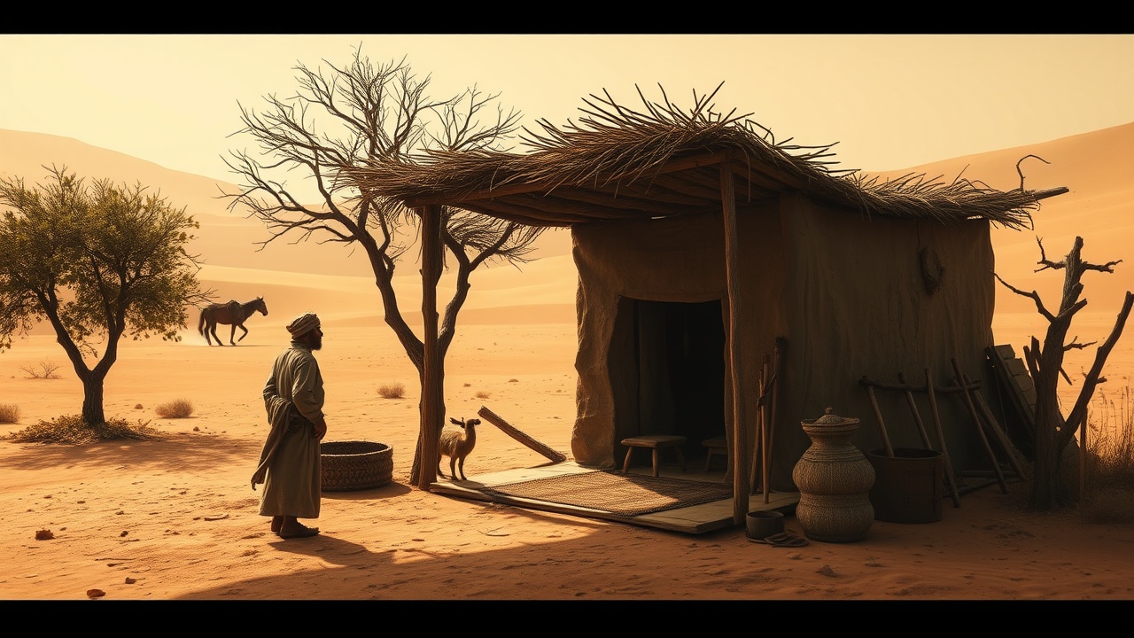 AI generated image by FLUX.1-schnell: The scene shifts to a remote, austere location, far from the lavishness of the royal court. Sultan Nur ad-Din Zangi stands at the entrance of a modest, humble dwelling, the only sounds being the wind rustling through the trees. The small, simple structure looks unassuming against the vast desert backdrop. Inside, there is barely any furniture—just a small woven mat for sleeping and a few...