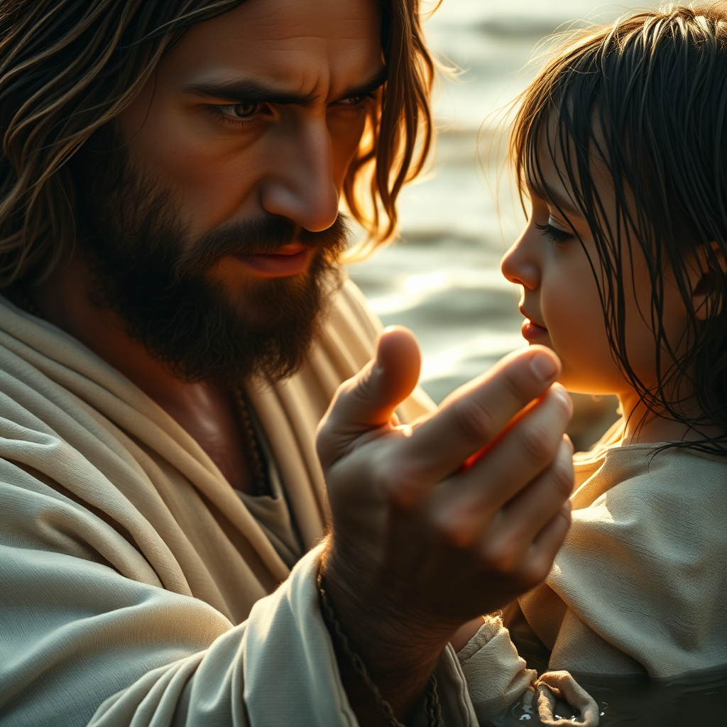 AI generated image by FLUX.1-schnell: The scene opens with an intense close-up of Jesus, capturing the details of his face—calm yet resolute, with gentle eyes that convey compassion and strength. His features are soft yet defined, framed by shoulder-length brown hair and a trimmed beard, embodying a serene, timeless presence. The camera pans slightly downward, focusing on his hand extended firmly yet tenderly to the distressed mother in the water. His robes are in neutral tones of cream and beige, the fabric rippling gently in the breeze, adding a sense of divinity and warmth. The light around him is golden and slightly ethereal, casting a soft glow that emphasizes his otherworldly aura and contrasts with the dark, muddy floodwaters around him.
The camera shifts to a close-up of the mother, her face drenched in desperation and fear, as she clutches her child tightly. Her wet hair clings to her face, tears streaming down her cheeks, her gaze locked on Jesus as she reaches up to grasp his hand with all her remaining strength. Her grip reveals tension and hope, while her worn green dress, soaked by the torrent, adds to the raw, realistic portrayal of her struggle. The child in her arms, initially frightened by the chaotic water, notices Jesus’ presence, and the expression shifts from fear to a subtle smile of relief and joy, a glimmer of trust forming in their young eyes. The child’s small hand reaches out as if wanting to connect, feeling comfort in Jesus’ presence.
The camera gently pulls back, creating a wide shot that captures the overall scene: Jesus anchored on the wooden bridge, stabilizing the mother and child against the relentless current. Surrounding them are remnants of destroyed wooden houses, tilted and crumbling, framed by a somber sky in hues of gray and gold. Shot in IMAX quality, with ultra-smooth, coherent movement, hyper-realistic detail, and ultra-high-definition, this cinematic moment achieves masterful, award-winning cinematography, balancing realism and divinity in a timeless, emotionally powerful scene of salvation.