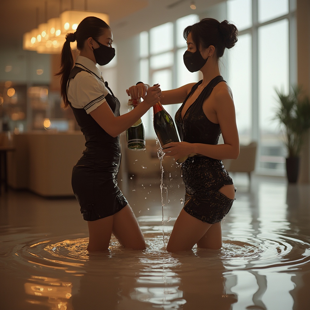 AI generated image by FLUX-Realism-Lora: flight attendant in skin tight, very short uniforms, standing tall in a puddle of champagne inside a luxury airport lounge, pouring a champagne bottle over the cleavage of a sexy Thai female, wearing a designer face-mask and