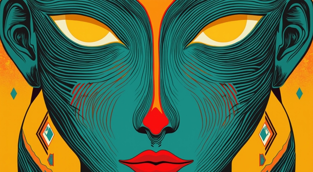AI generated image by FLUX.1-pro: digital artwork featuring a stylized, abstract face with bold and vibrant colors. The face is composed of intricate, flowing lines that create a sense of depth and texture, giving the image a dynamic and almost hypnotic quality. The color scheme predominantly features bright turquoise for the skin, vivid yellow for the eyes with white highlights, and bold red for the lips and nose.
The eyes are large and round, with a glowing yellow hue that stands out against the turquoise skin, creating a captivating focal point. The nose is depicted as a simple, bold red shape, while the mouth is exaggerated with full, red lips, adding a touch of sensuality or intensity to the expression. The ears are elongated and stylized, contributing to the overall abstract nature of the face.
The design is symmetrical, emphasizing balance and harmony in the composition. Geometric shapes, such as diamonds and circles, are incorporated to add structure and visual interest to the design. The use of bold colors and abstract forms suggests influences from modern art movements, such as Art Deco or Pop Art.
This image evokes themes of mystery and intrigue, inviting viewers to interpret the emotion or story behind the face. Symbolically, it explores the complexity and depth of human emotions, as well as the fluidity and complexity of identity and individuality.