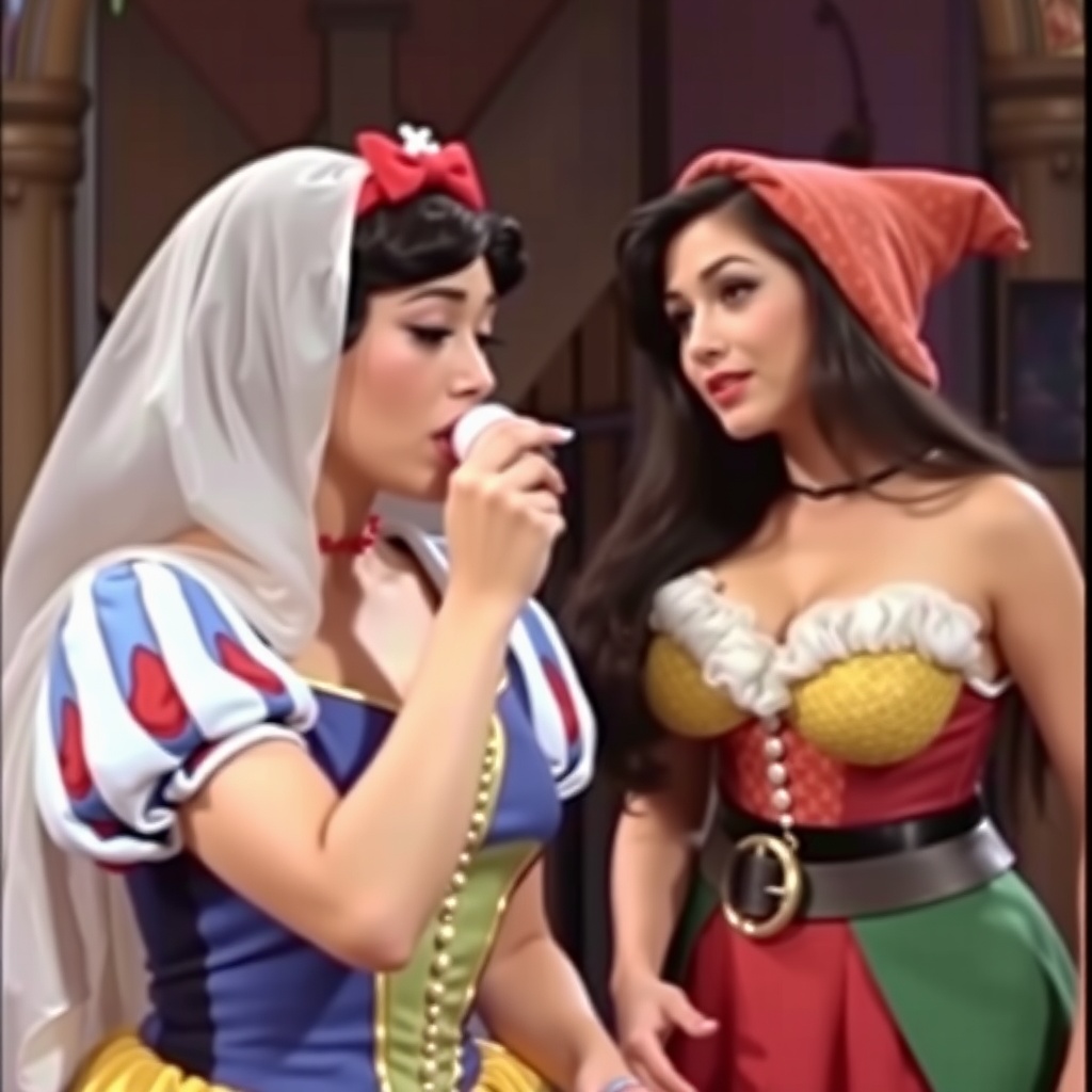 AI generated image by FLUX.1-schnell: Weird 1990s gameshow footage, snow White snorting a line of coke off a hot lady dwarfs ass, huge tits, large cleavage